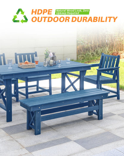 6-Piece SeeHill Navy HDPE Dining Set, Outdoor Table with 4 Chairs and Bench, Weather-Resistant Patio Furniture with Umbrella Hole