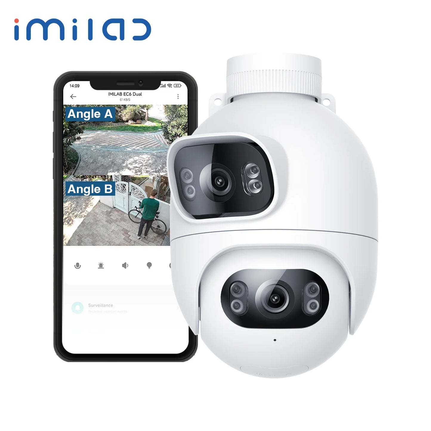 Outdoor Surveillance Camera, Dual Lens 360° PTZ Camera, Color Night Vision, WiFi/LAN, 7/24 Work EC6 Dual With MiHome App