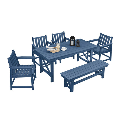 6-Piece SeeHill Navy HDPE Dining Set, Outdoor Table with 4 Chairs and Bench, Weather-Resistant Patio Furniture with Umbrella Hole