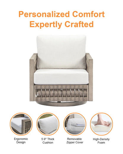 SeeHill Swivel Patio Chair, Aluminum Outdoor Armchair with Cushions, Rope Weave Deep Seating Furniture, Gray Oak Finish