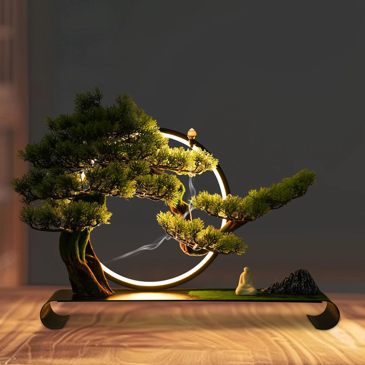 Artificial Tree, Incense Burner, Ceramic Zen Bonsai Pine with LED Light Ring