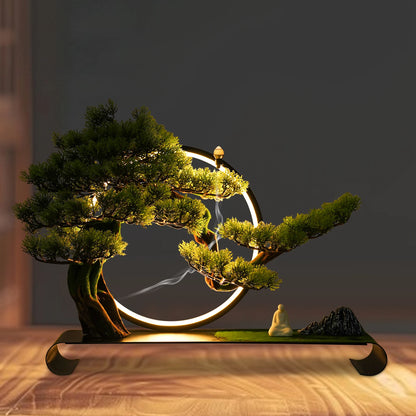 Artificial Tree, Incense Burner, Ceramic Zen Bonsai Pine with LED Light Ring