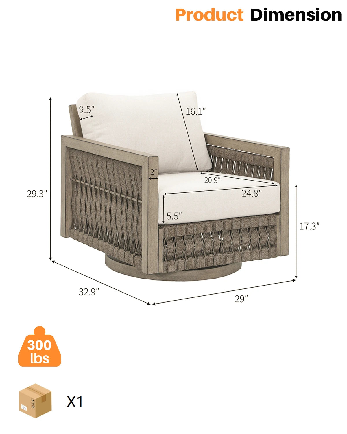 SeeHill Swivel Patio Chair, Aluminum Outdoor Armchair with Cushions, Rope Weave Deep Seating Furniture, Gray Oak Finish