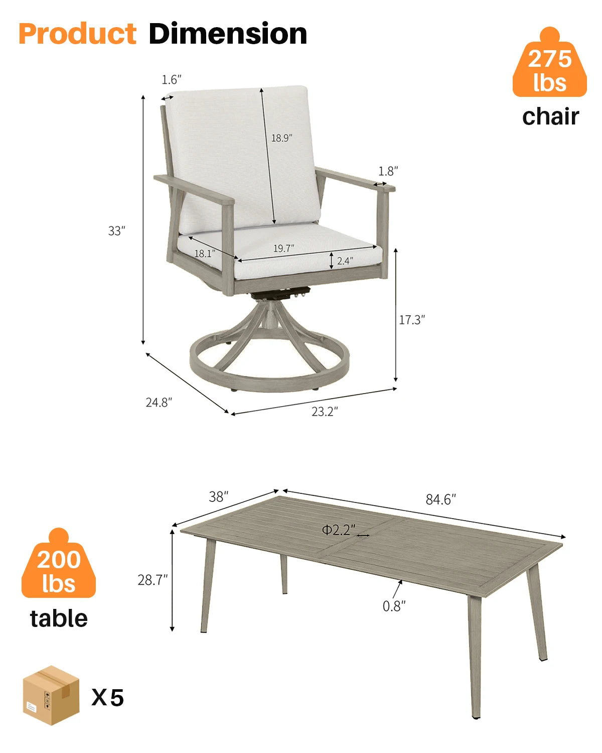 SeeHill 9-Piece Patio Swivel Dining Set, Aluminum Table with 8 Swivel Chairs, Limed Oak Outdoor Furniture for Deck, Garden