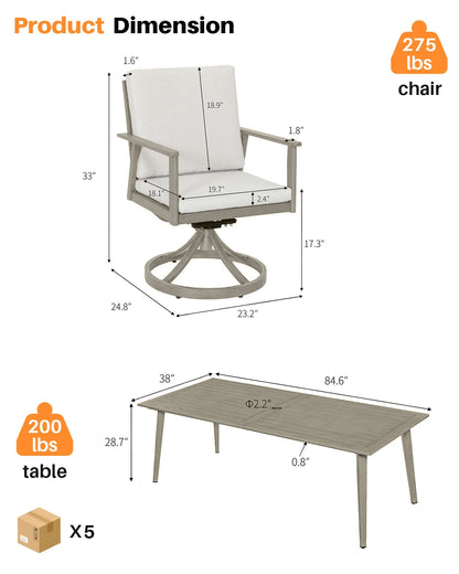 SeeHill 9-Piece Patio Swivel Dining Set, Aluminum Table with 8 Swivel Chairs, Limed Oak Outdoor Furniture for Deck, Garden