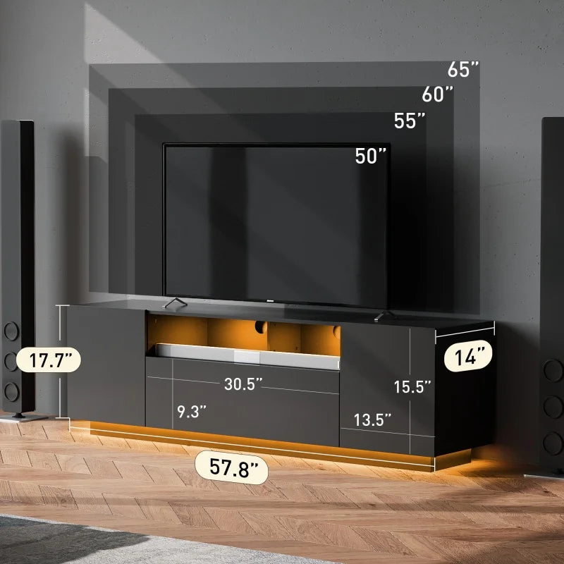 TV Stand for 65 Inch TV Entertainment Center with LED Lit Storage Cabinet for Living Room with Ample Storage