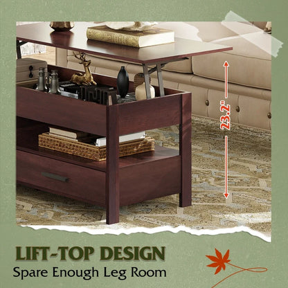 Lift Top Coffee Table with Hidden Compartment Storage Drawers and Storage Shelf for Living Room Reception Room