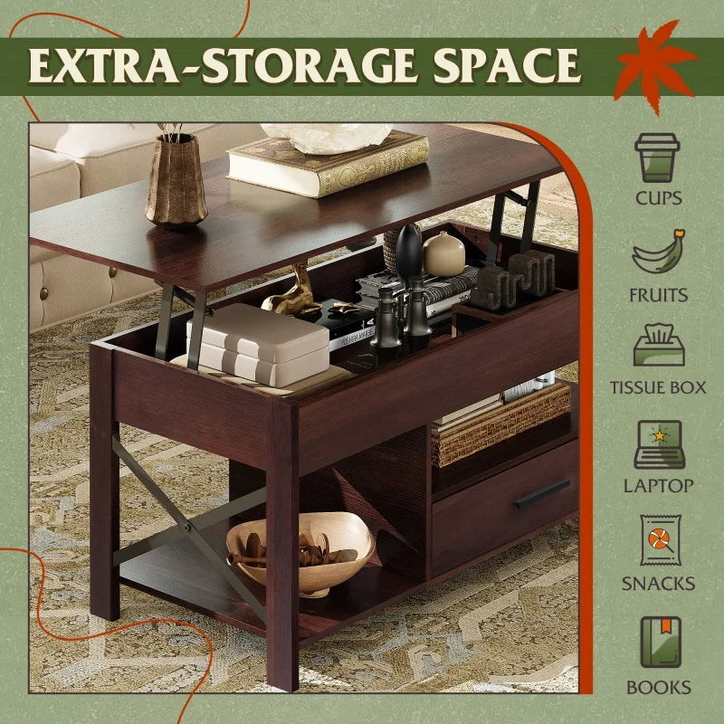 Lift Top Coffee Table with Hidden Compartment Storage Drawers and Storage Shelf for Living Room Reception Room