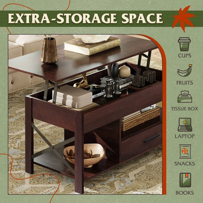 Lift Top Coffee Table with Hidden Compartment Storage Drawers and Storage Shelf for Living Room Reception Room