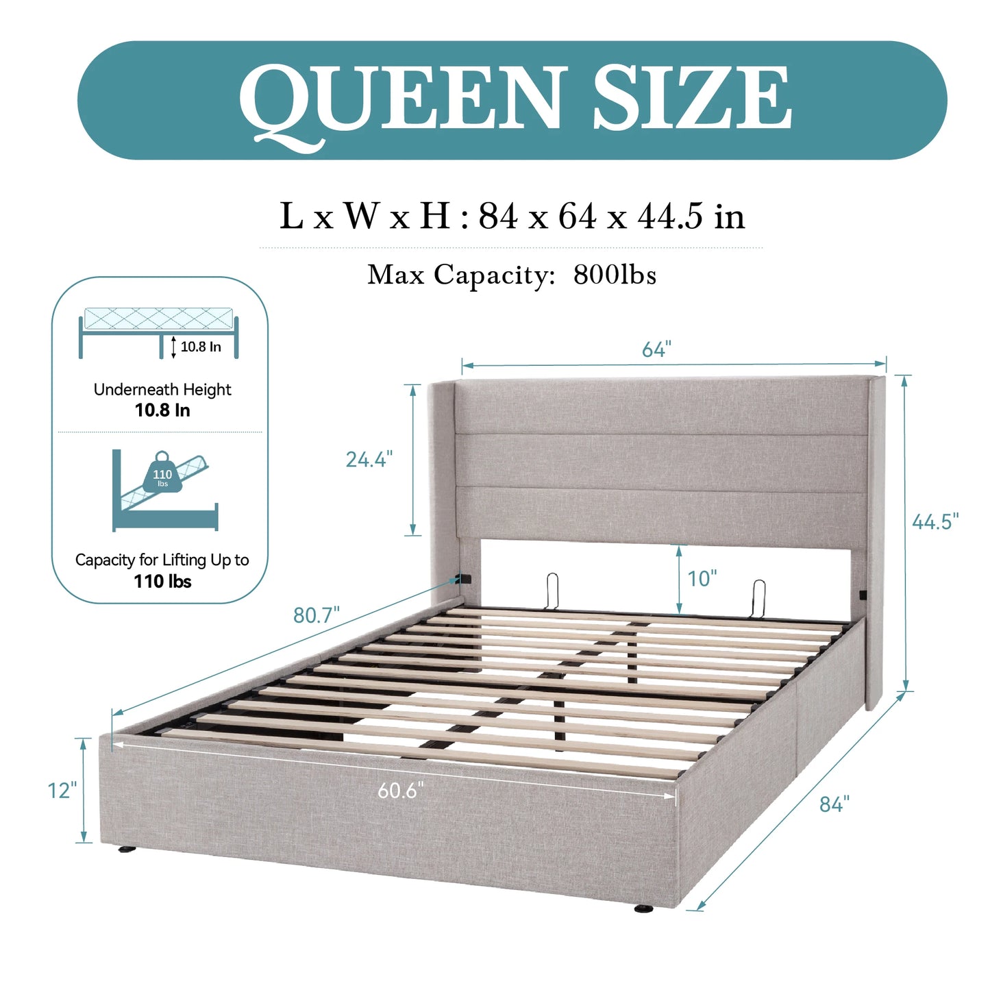 Heavy-Duty Hydraulic Lift Up Storage Bed with Wingback Headboard