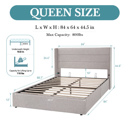 Heavy-Duty Hydraulic Lift Up Storage Bed with Wingback Headboard