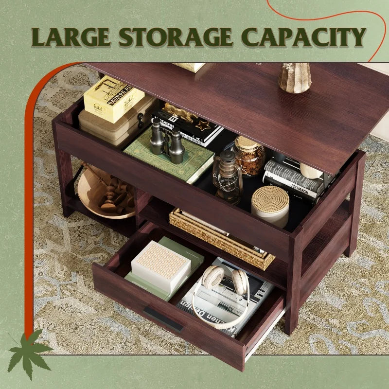 Lift Top Coffee Table with Hidden Compartment Storage Drawers and Storage Shelf for Living Room Reception Room