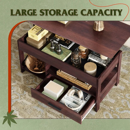 Lift Top Coffee Table with Hidden Compartment Storage Drawers and Storage Shelf for Living Room Reception Room