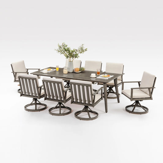 SeeHill 9-Piece Patio Swivel Dining Set, Aluminum Table with 8 Swivel Chairs, Limed Oak Outdoor Furniture for Deck, Garden