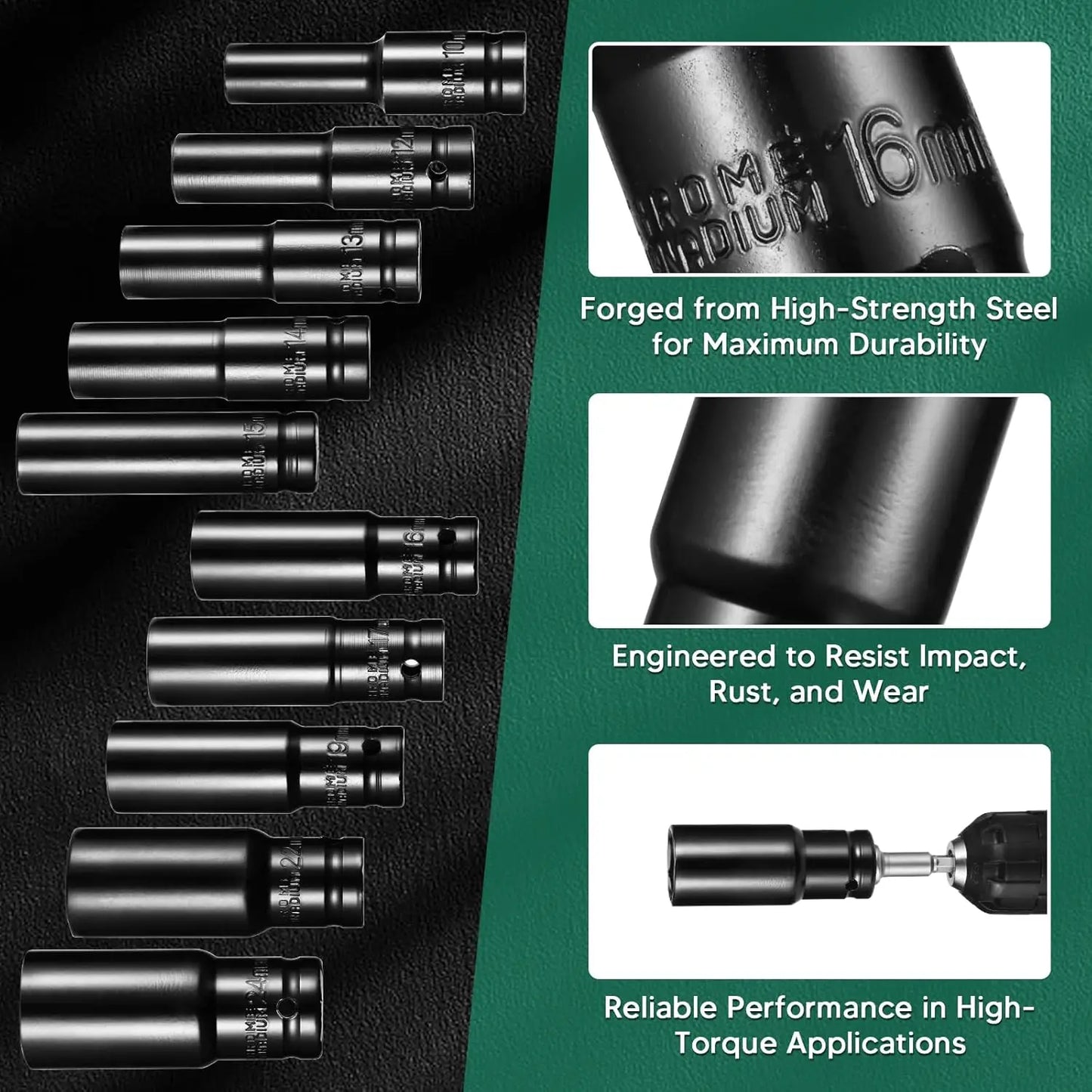 10pcs/set Pneumatic 8-24mm Extended Hex Socket kit