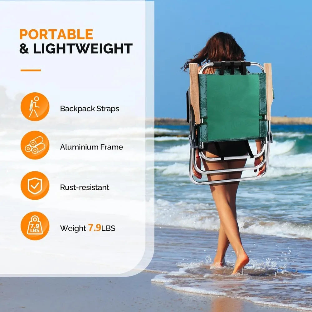 Lightweight 17" Backpack Beach Chair, Tall Beach Chairs for Adults, Portable with Adjustable Straps, 3-Position Customized