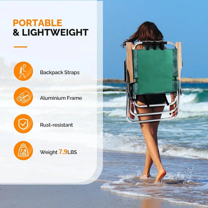 Lightweight 17" Backpack Beach Chair, Tall Beach Chairs for Adults, Portable with Adjustable Straps, 3-Position Customized