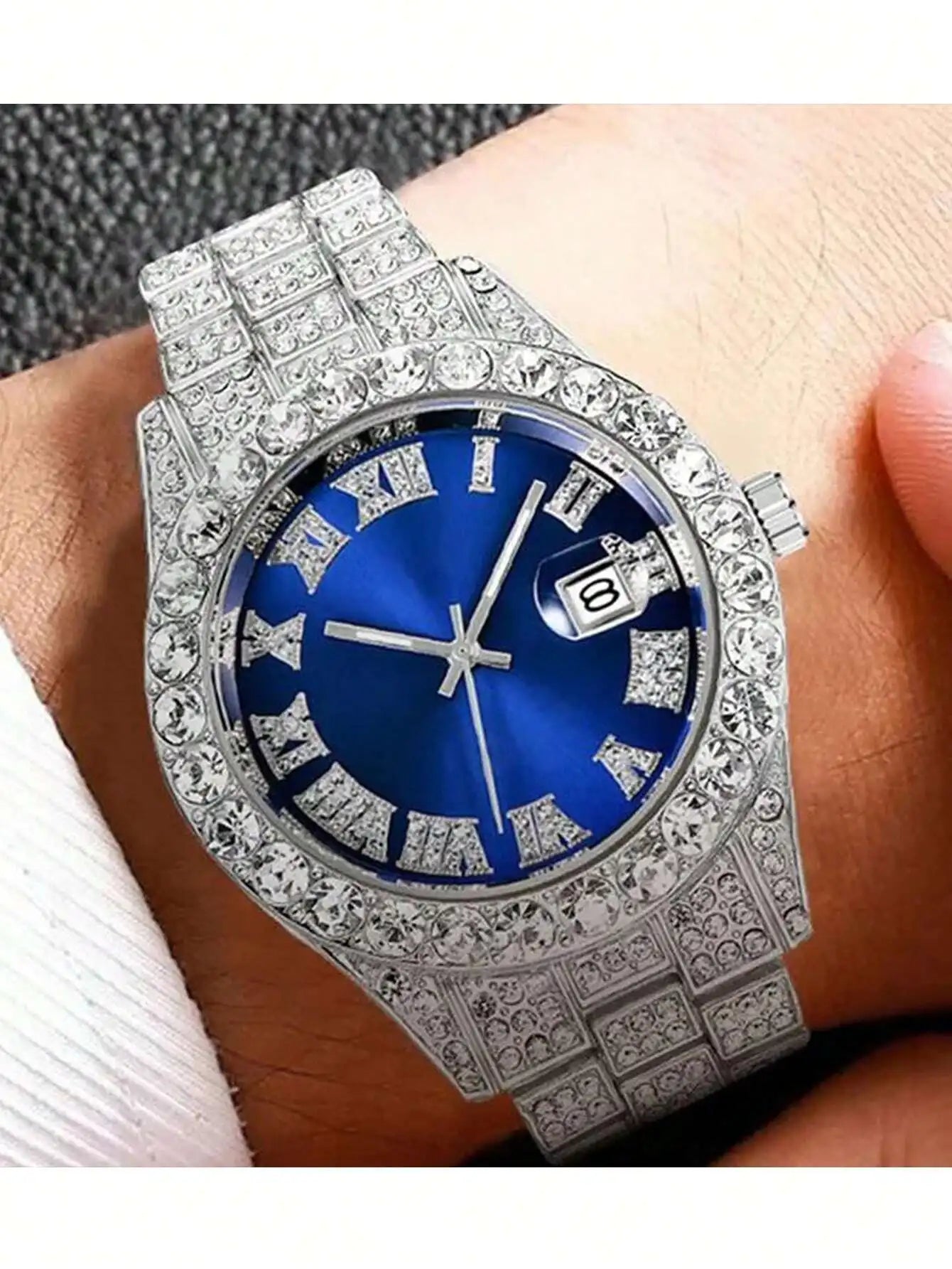 Luxury Blue Dial Roman Numeral Crystal-Embellished Quartz Watch for Women
