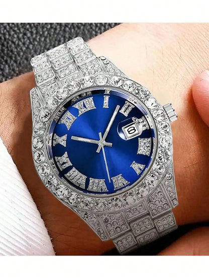 Luxury Blue Dial Roman Numeral Crystal-Embellished Quartz Watch for Women