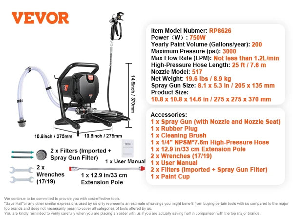 750W or 950W  3000PSI Airless Paint Sprayer
