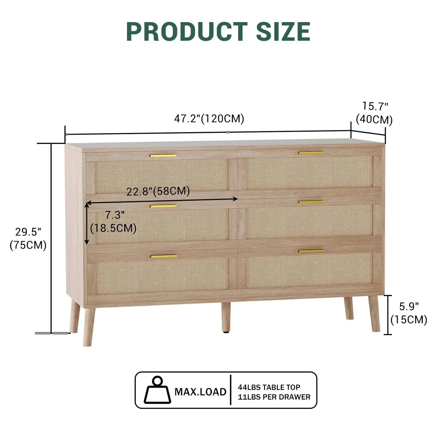 47.2" Rattan 6 Drawer Dresser With Gold Handles Large Storage Dresser For Bedroom