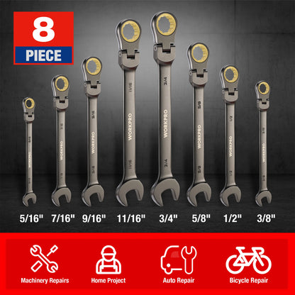 8pcs Flex-Head Ratcheting Combination Wrench Set SAE 5/16-3/4 in