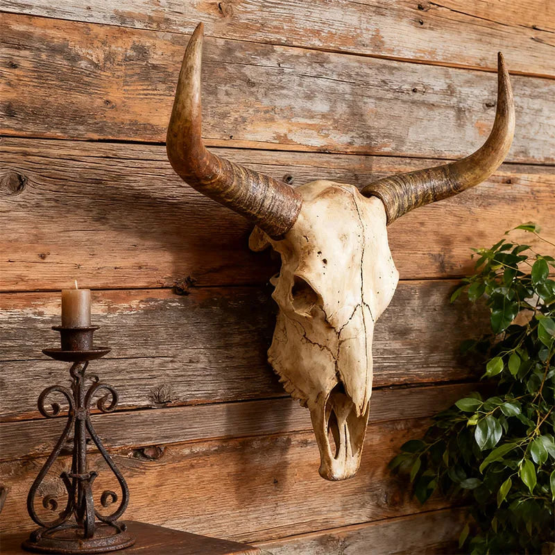 Long Horn Bull Skull Decor with Curved Horns and Natural Bone for Western Rustic Wall Art Interior Design