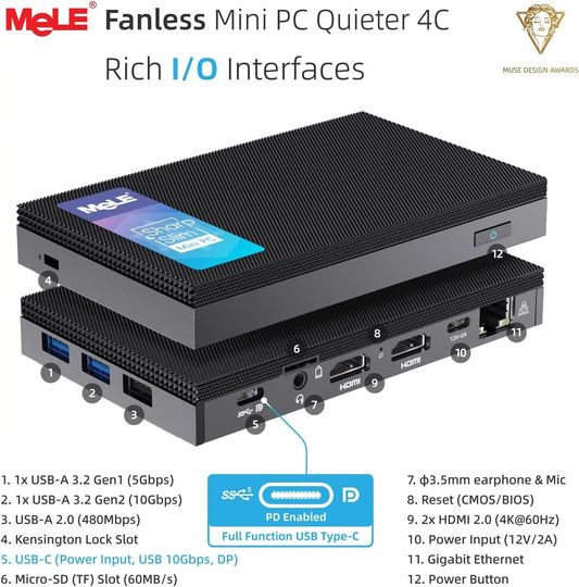 MeLE Quieter4C Fanless Mini PC N150 32GB 1TB Micro Desktop Computer, 4K, Dual HDMI, All-in-One USB C Display WiFi 5 BT5.1 Ethernet