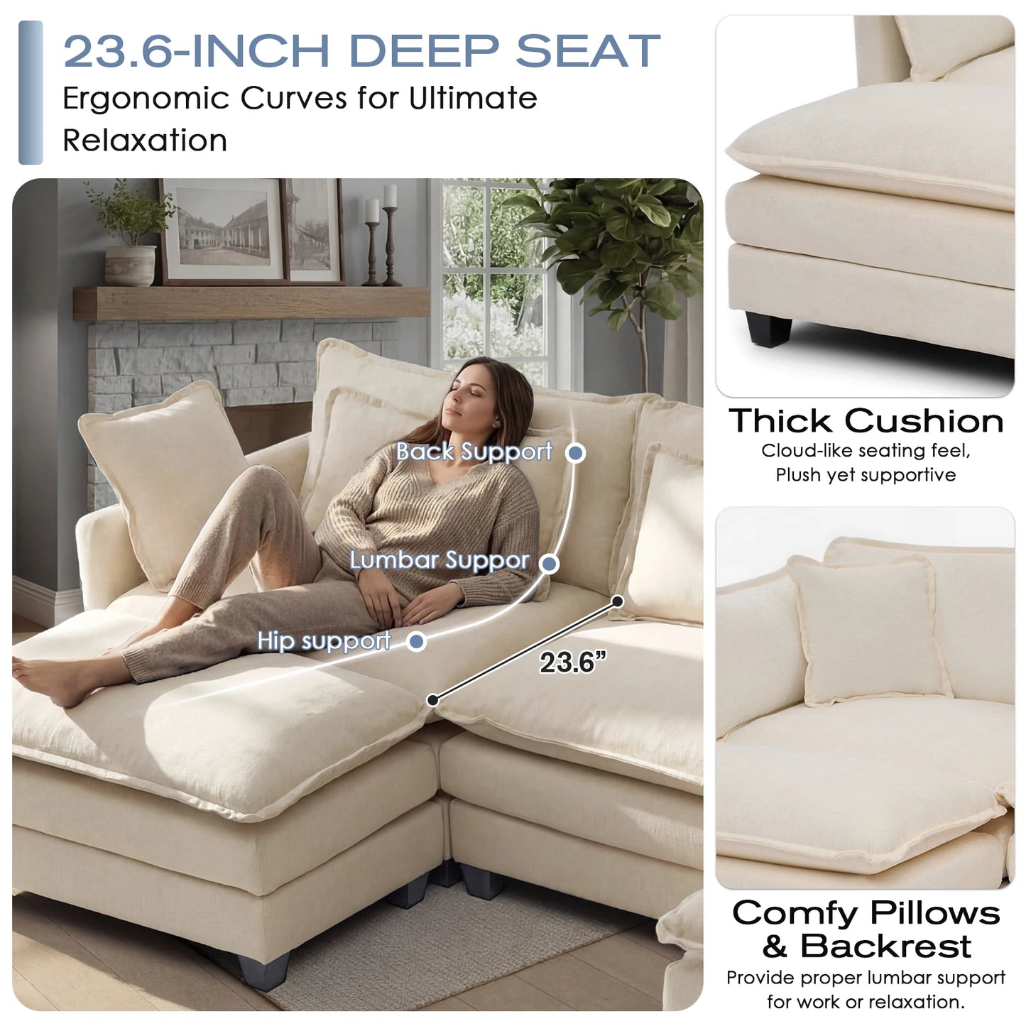 Redlife 113.4" Modular Sectional Sofa with Ottoman, Comfy Cloud Couch with Deep Seat (23.6" D), Solid Wood Frame, for Living Room