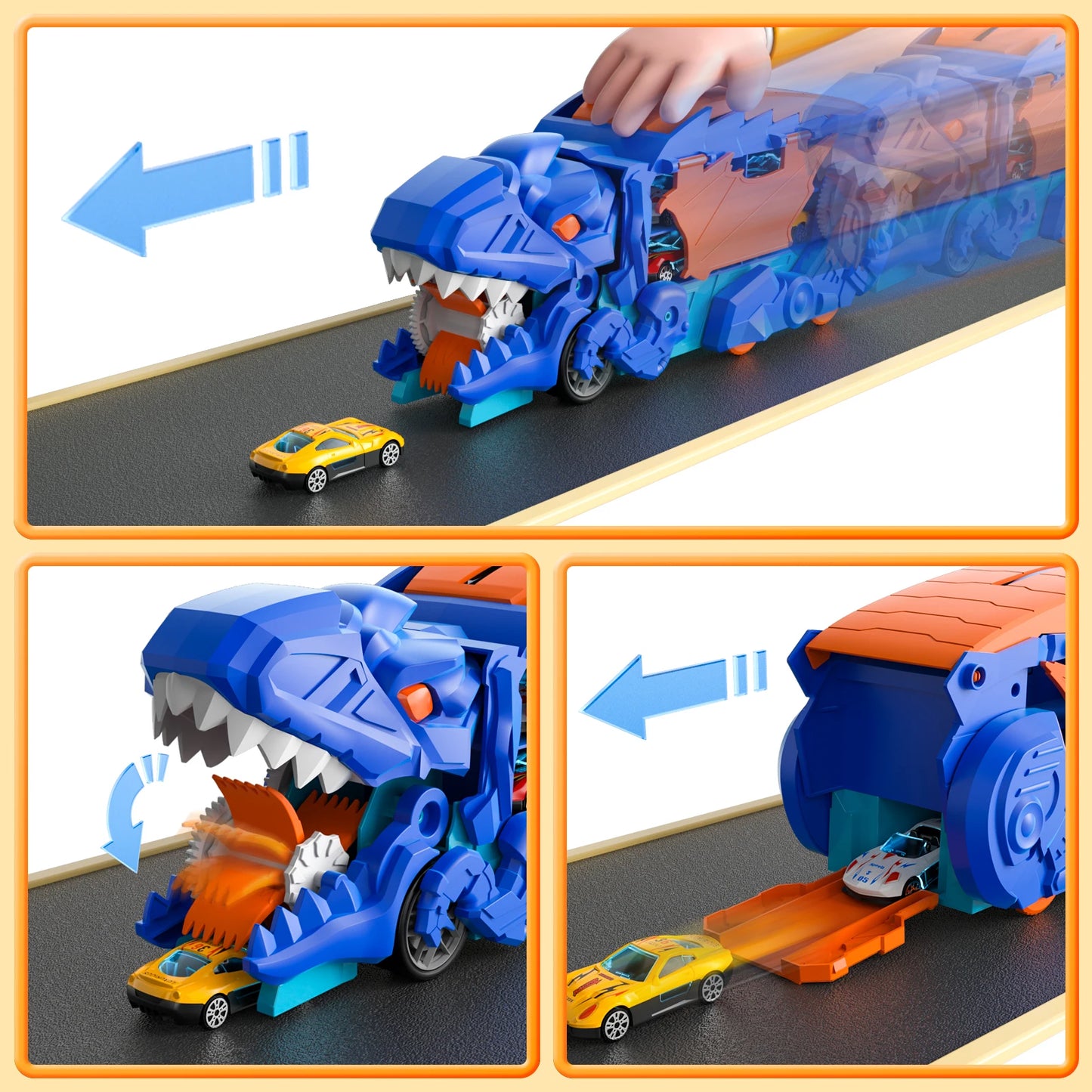Blue Track Set Devour Dinosaur Transporter Truck With 10 Die-Cast Car Toys