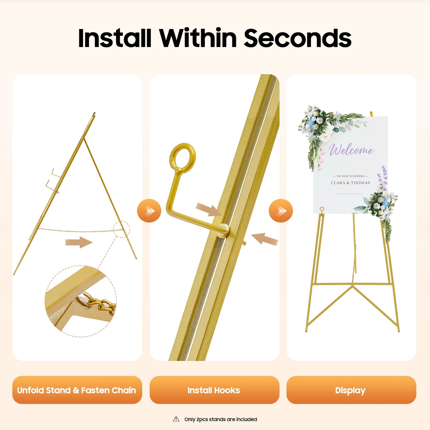 2Pcs Gold Display Easel Stand, Adjustable Photo Frame Holder for Wedding Poster Sign, Heavy Duty Steel Tripod 10kg Capacity