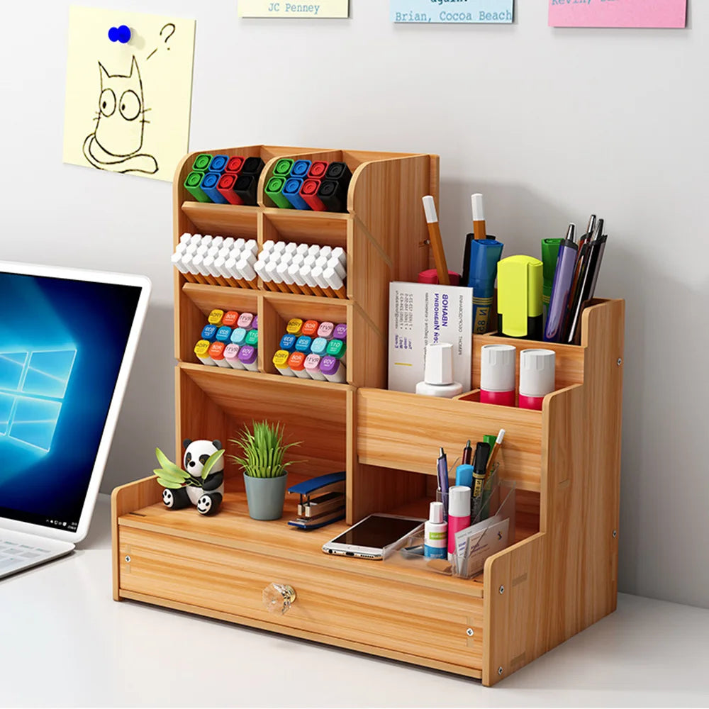 Simple Wooden Pen Holder Storage Box, Stationery Storage Shelf, With Drawer Suitable for Multi Scene Study Rooms Offices