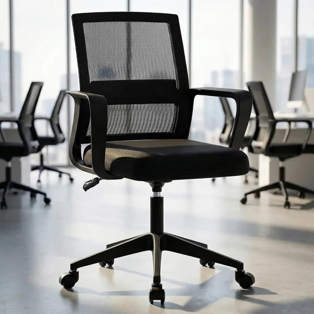 Mid-Back Upholstery and Mesh Office Chair Black Height-Adjustable Armrests