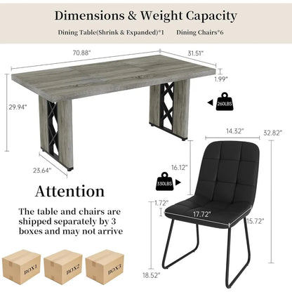 Space-Saving 7-Piece Dining Set for 6-8 People, 70.8 MDF Table with 6 Upholstered Chairs