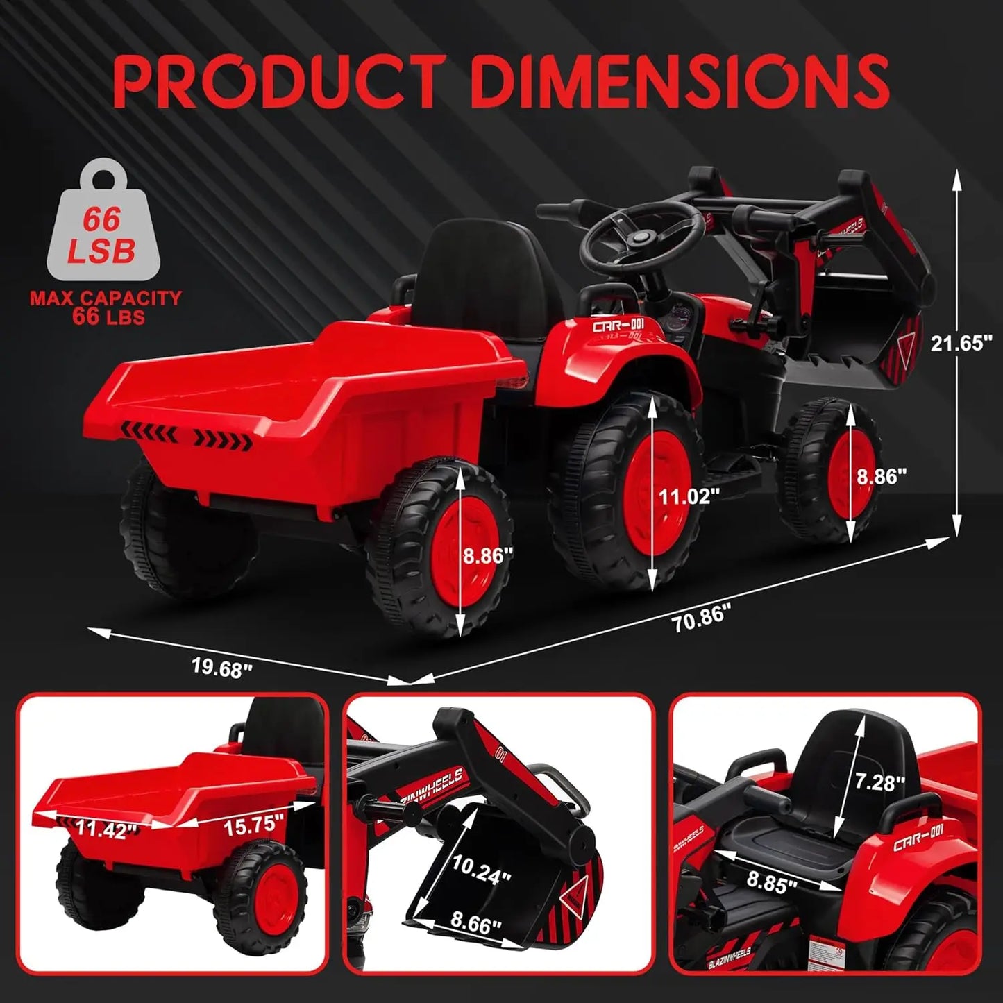 12V 3 in 1 Kids Ride On Excavator & Tractor with Detachable Trailer