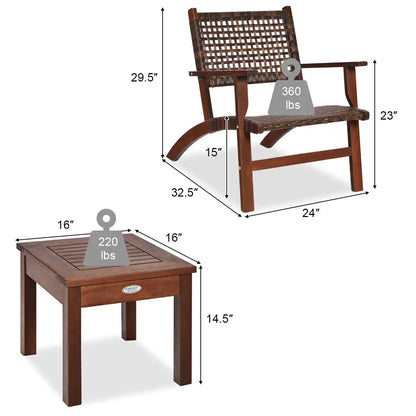 3 Pieces Solid Eucalyptus Wood Frame Outdoor Wicker Furniture Bistro Set with Coffee Table, Rattan Furniture