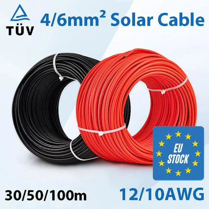 Solar Power Cable 4/6mm2 12/10AWG Wire Photovoltaic TÜV TUV Cable For PV Panels Connection Red Black PVC Double Layer EU Stock