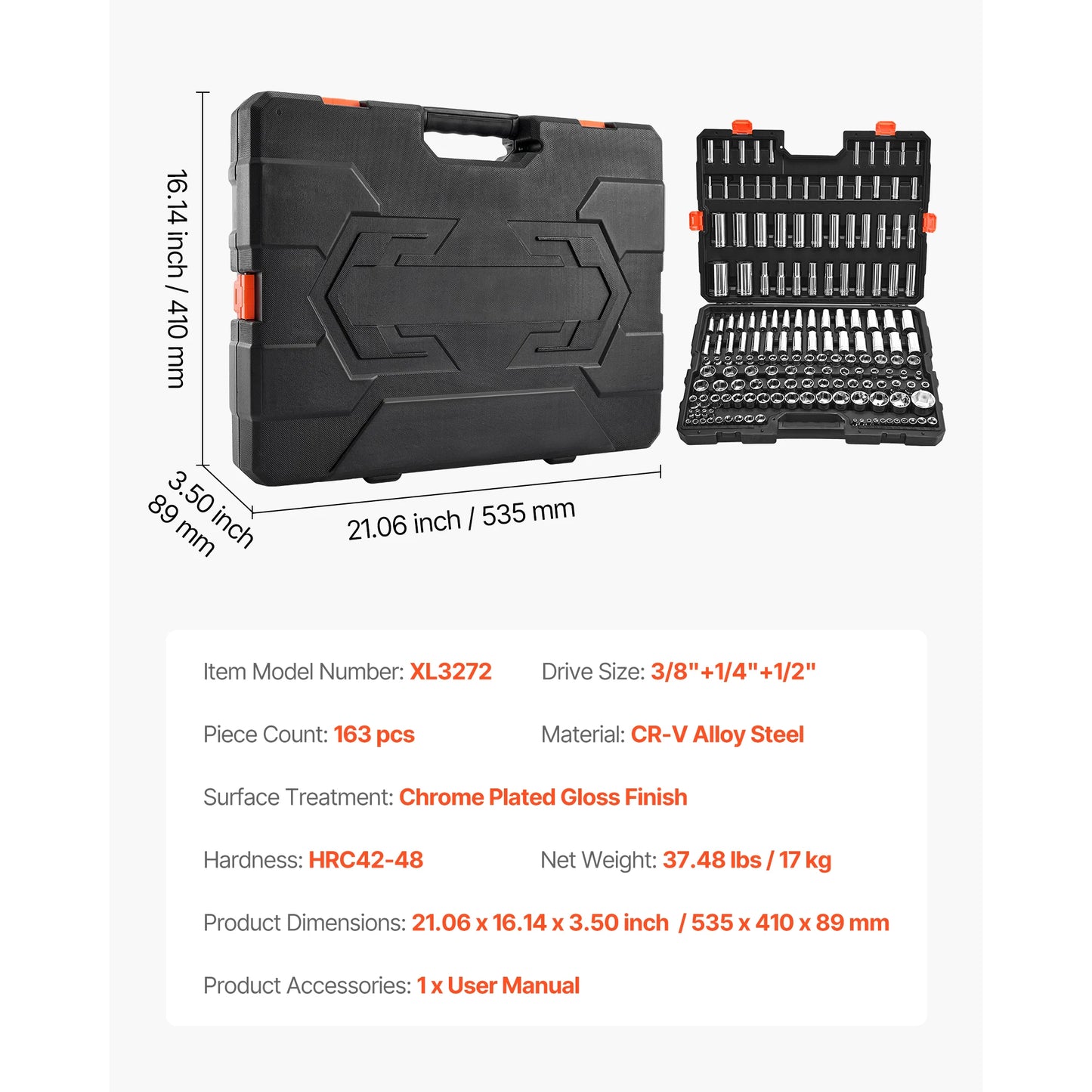 Socket Set 86 Pieces 1/4," 3/8," and 1/2inch SAE and Metric Socket and Ratchet Set