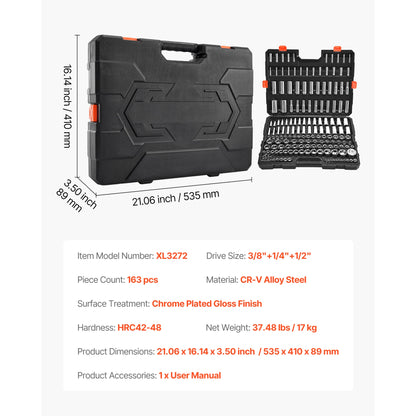 Socket Set 86 Pieces 1/4," 3/8," and 1/2inch SAE and Metric Socket and Ratchet Set