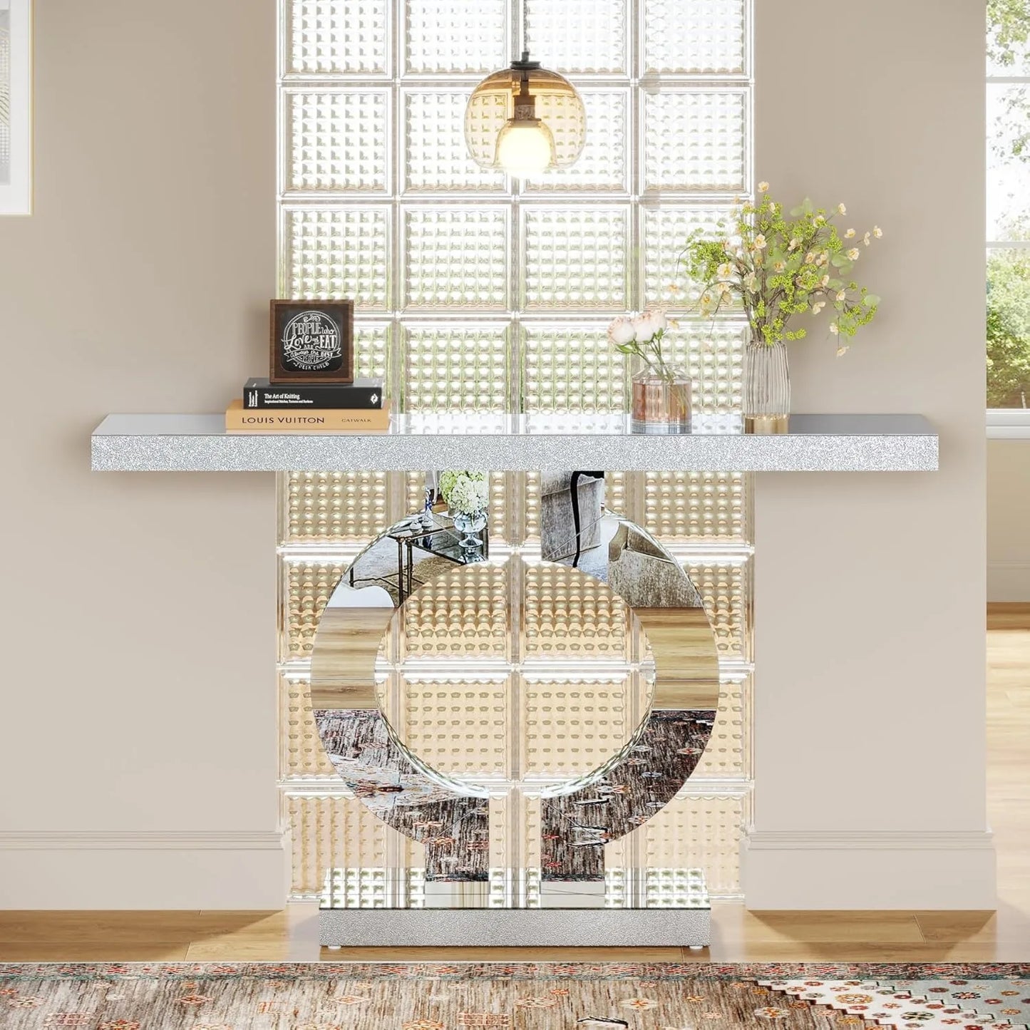 Mirror finished Console Table with O-Shaped Base, Great Entryway Table or Glass Sofa Table