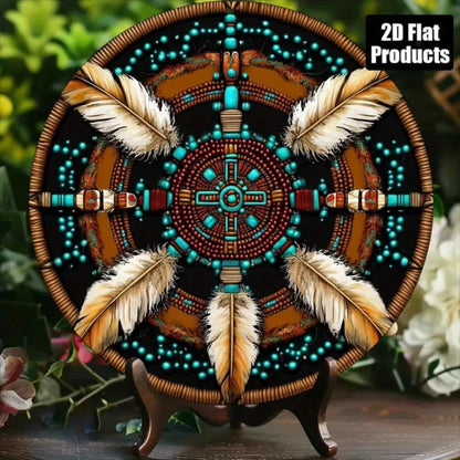 Native American-Themed 2D Flat Circular Aluminum Wall Plaque – 8x8 Inch Vibrant Tribal Design | Turquoise, Orange, & Brown