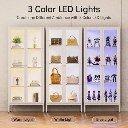 Display Cabinet with 3 Color LED Lights and Tempered Glass, 66 Inch Tall With 3 Sided Glass, White