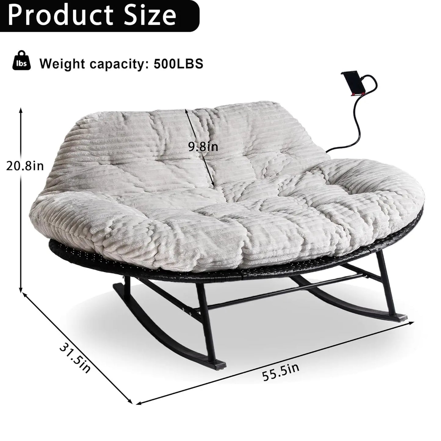 Oversize Double Rattan Rocking Chair Egg Loveseat Thick Cushion Patio Garden Backyard Customized
