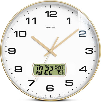 Calendar Wall Clock in 3 Sizes, 4 Colors with Calendar and Fahrenheit Temperature Display
