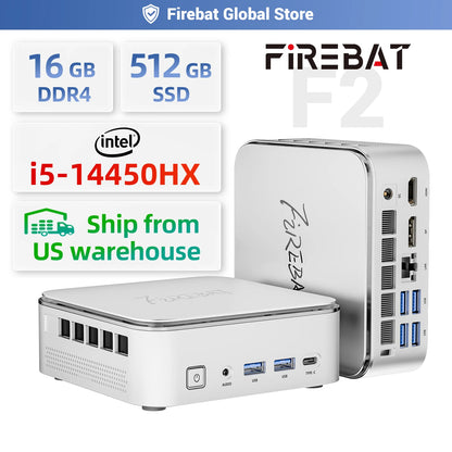 Firebat F2 Mini PC Intel Core i5-14450HX 10-Core 16-Thread Windows 11 16GB DDR4 RAM 512GB PCIe SSD WiFi 6 BT5.2 Triple Display
