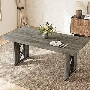 Space-Saving 7-Piece Dining Set for 6-8 People, 70.8 MDF Table with 6 Upholstered Chairs