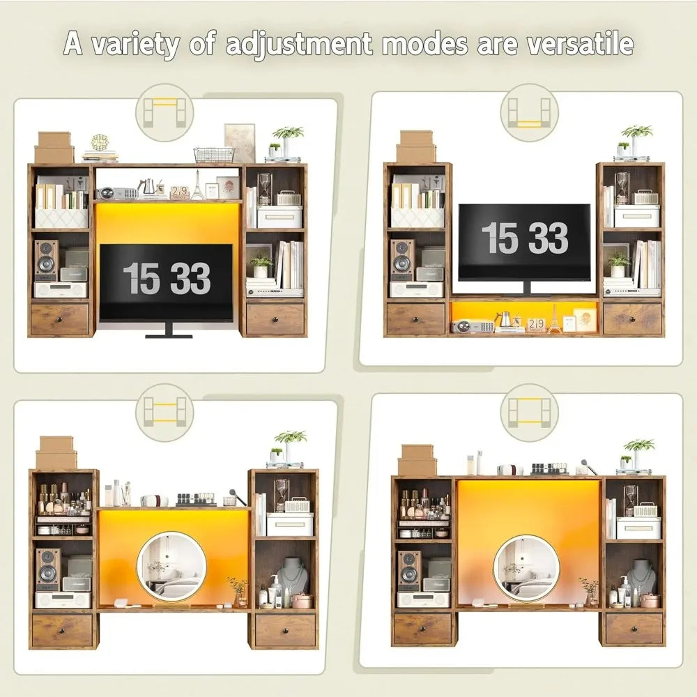 Desktop Bookshelf with LED Lights, 47.2" Desktop Organizer with 6 Shelves and 2 Drawers for Top of Desk, Multipurpose, Customized