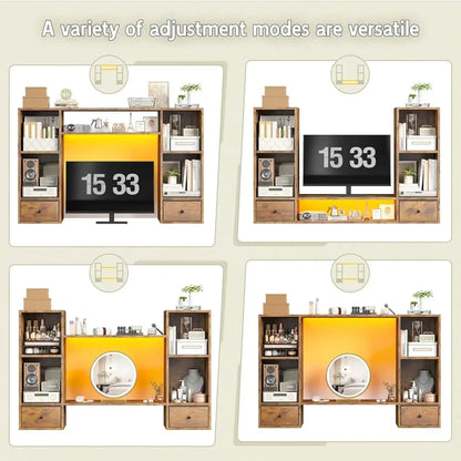 Desktop Bookshelf with LED Lights, 47.2" Desktop Organizer with 6 Shelves and 2 Drawers for Top of Desk, Multipurpose, Customized