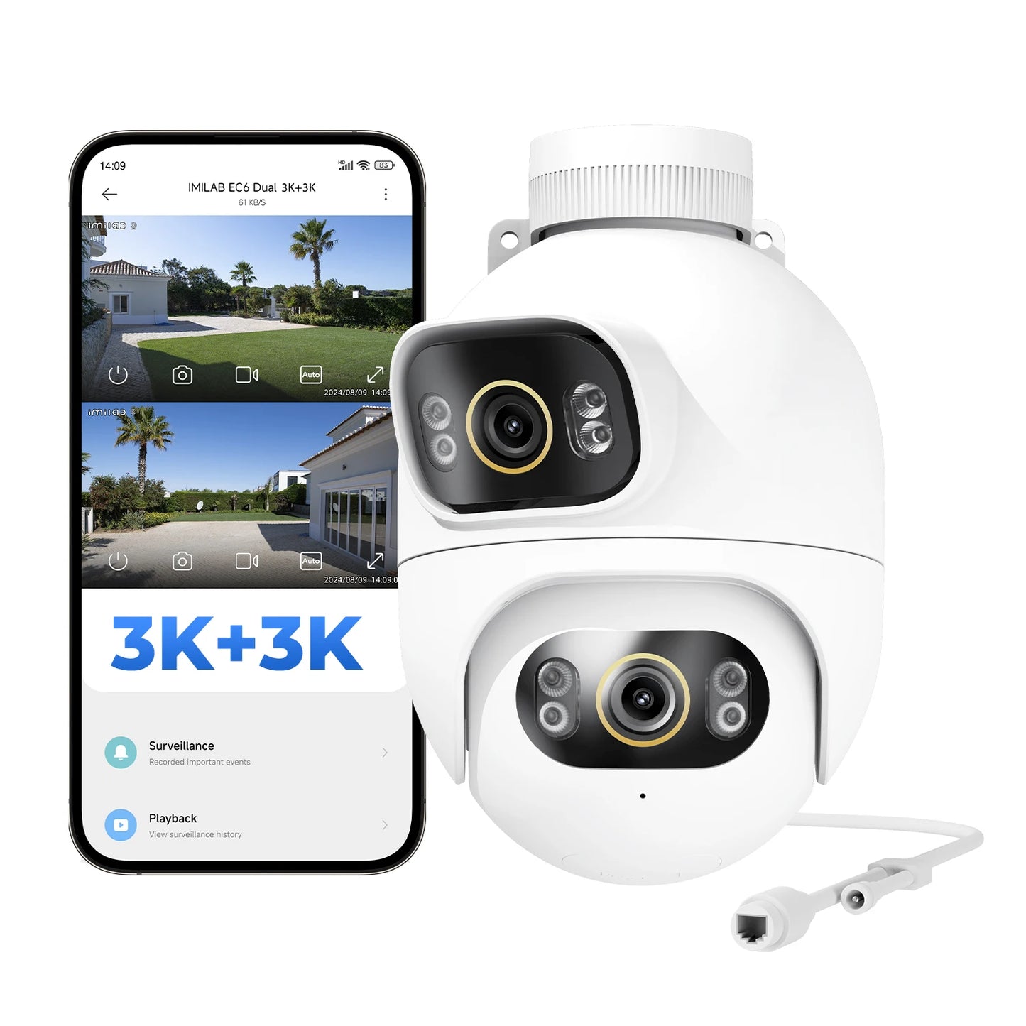 Outdoor Surveillance Camera, Dual Lens 360° PTZ Camera, Color Night Vision, WiFi/LAN, 7/24 Work EC6 Dual With MiHome App