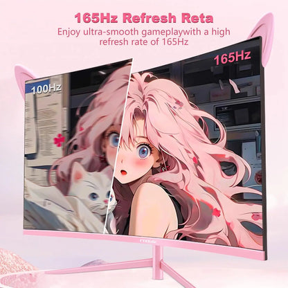 27 inch Curved Pink Monitor QHD 165hz 1800R Gaming Display HDR10 Free-Sync Desktop Screen 1ms GTG  With Speakers Tilt Adjustable